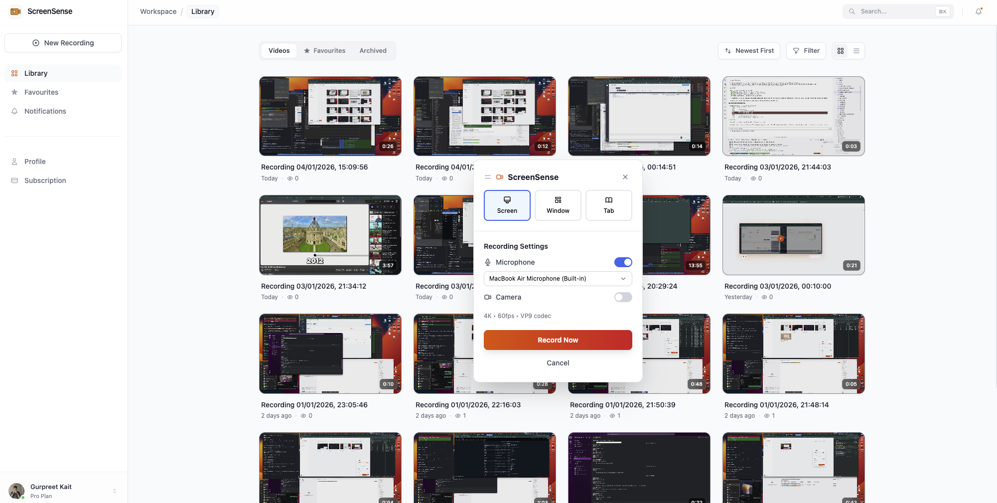 ScreenSense screen recording interface showing recording options